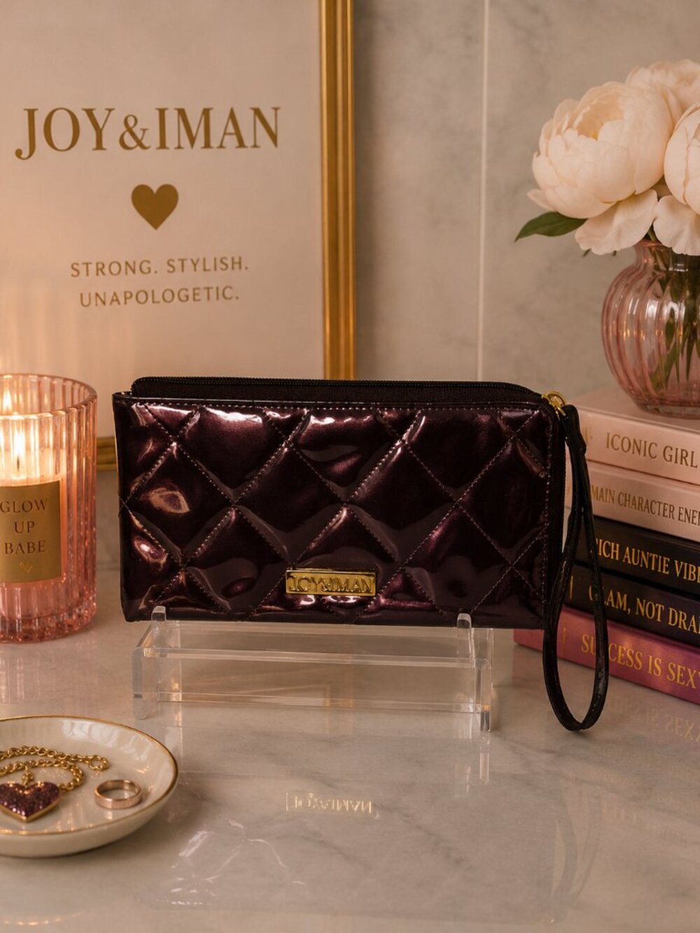 Joy & Iman Quilted Patent Wristlet Wallet - Chocolate Brown / Gold